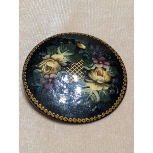 Vintage Zhostovo Russian Lacquer Hand Painted Floral Brooch Pin Signed 1995